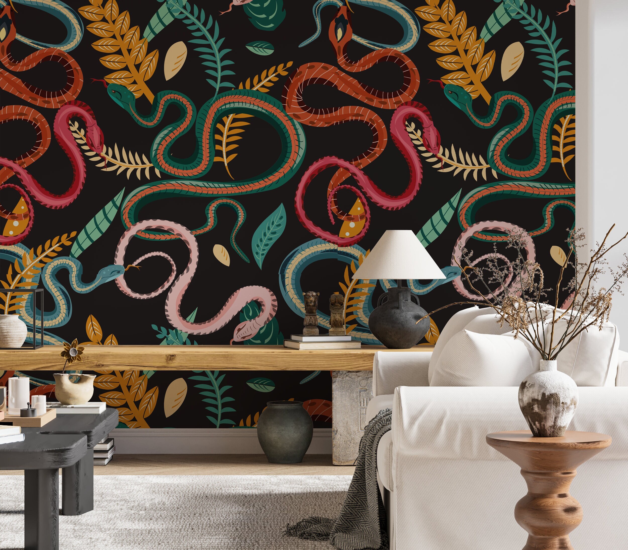 Contemporary Dark Background Colorful Snake Peel and Stick Wallpaper