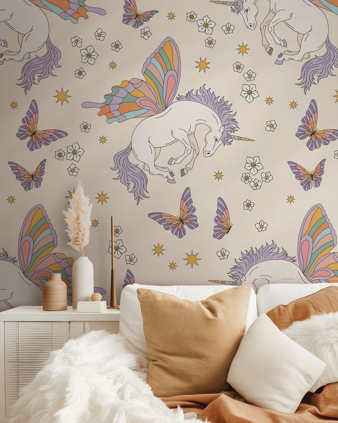 Unicorn Pastel Purple and Vanilla Nursery Girl Peel and Stick Wallpaper