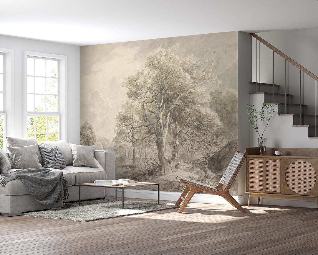 Pastoral Vintage Forest Landscape Wallpaper – Neutral Beige Trees ...