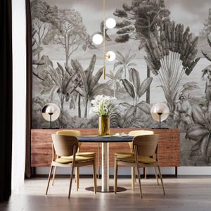 Carta da parati vintage con panorama tropicale, decorazioni murali con alberi grigi, giungla botanica e paesaggio montano