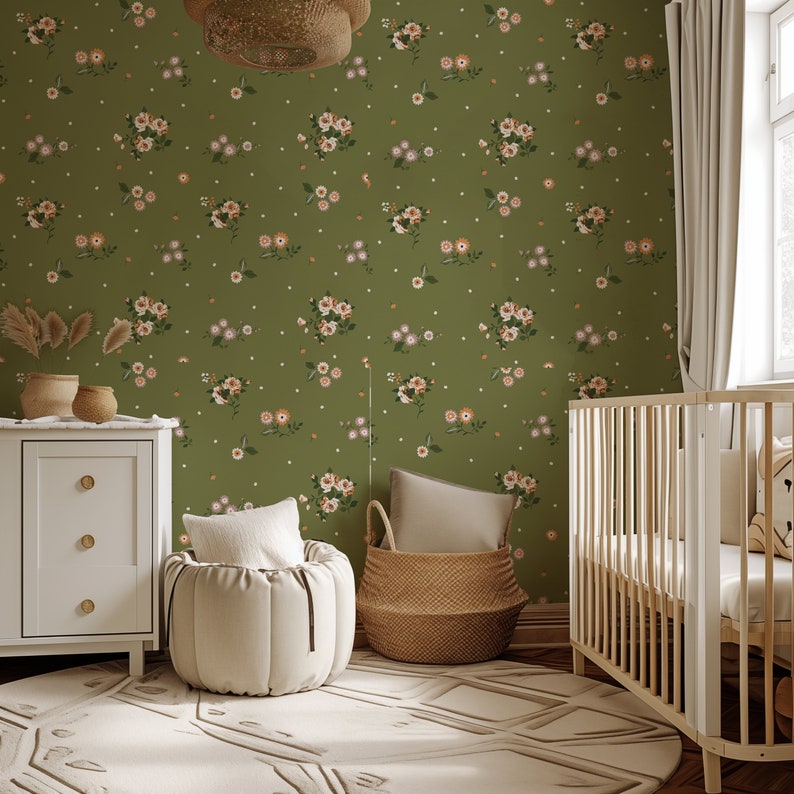 Minimal Floral Sage Green Peel and Stick Wallpaper, Daisy Branch Modern