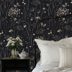 Minimal Dark Branches Floral Wallpaper, Black Beige Botanical Peel and Stick or Removable