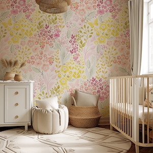 Carta da parati floreale minimale arcobaleno per cameretta dei bambini, rosa viola per bambina acquerello, carta da parati colorata per cameretta dei bambini, carta da parati adesiva neutra