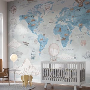 Papel pintado azul claro con mapa del mundo y marino, para niños, niñas, niños, helicópteros, globos y océanos, autoadhesivo y extraíble.