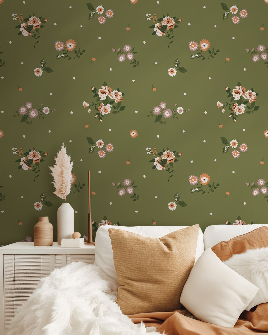 Minimal Floral Sage Green Peel and Stick Wallpaper, Daisy Branch Modern