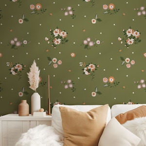 Carta da parati floreale minimale verde salvia a buccia e bastone, vivaio moderno con ramo di margherita o autoadesiva per bambina