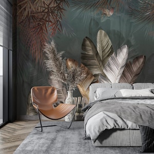 Large Green Leaves Wallpaper, Botanical Green Peel and Stick Wallpaper, Exotic Banana Leaf Jungle Wall Decor