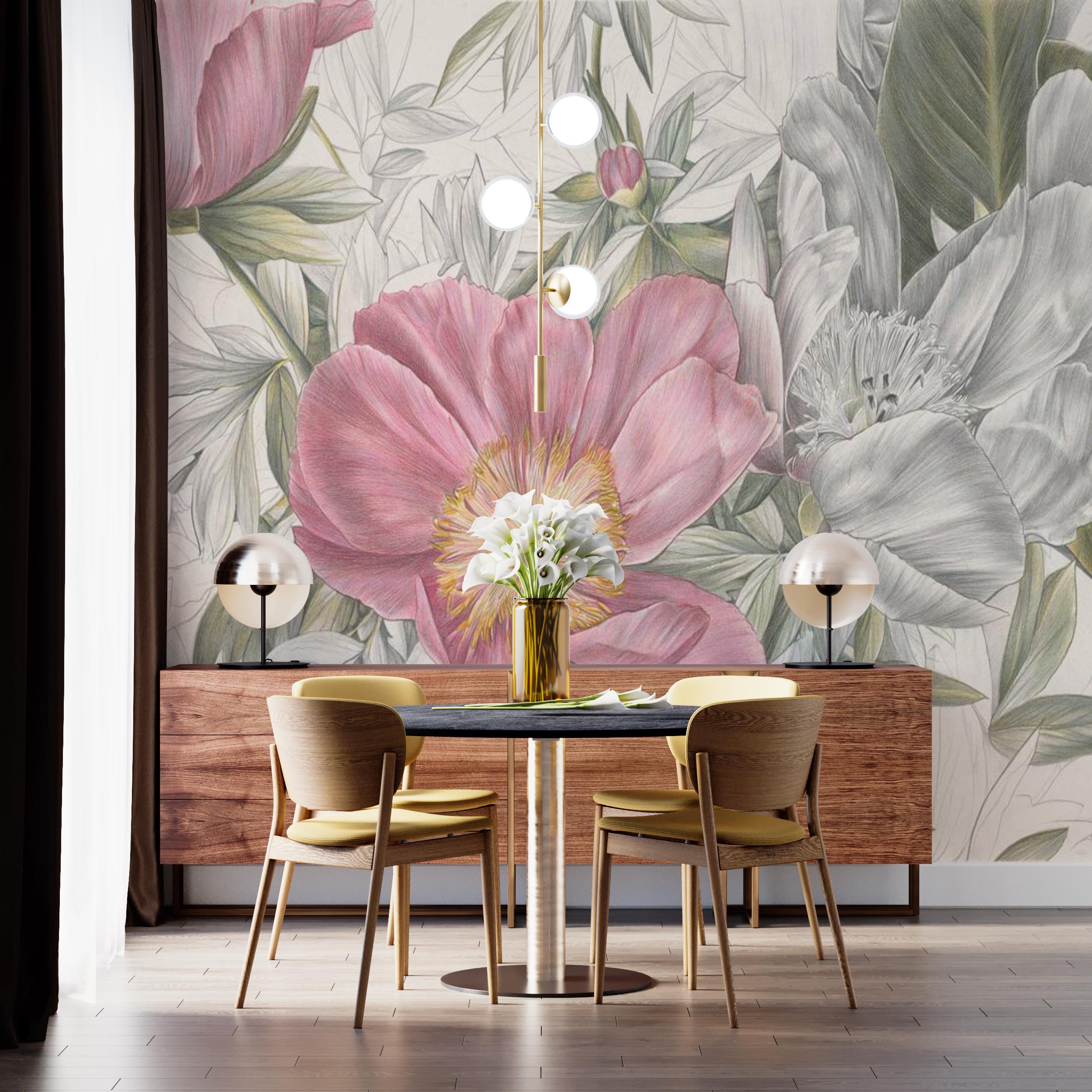 Modern Pink Floral Wallpaper, Large Pale Leaves Botanical Rose Wall