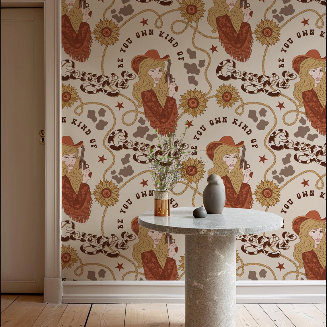 Cowgirl Western Boho Peel and Stick Wallpaper, Howdy Beige Woodland ...