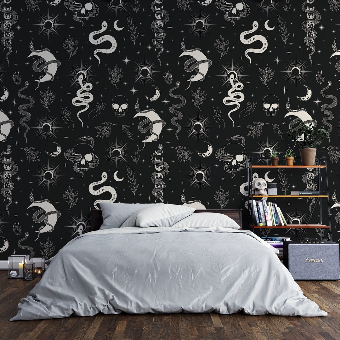 Dark Mysterious Wallpaper Mystical Moon Skull and Snake Peel - Etsy