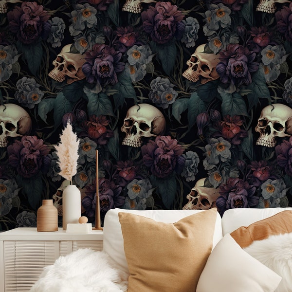 Dark Rococco Skull Botanical Peel and Stick Wallpaper, Dark Academia Purple and Black Moody Removable Wall Decor, Mysterious Floral