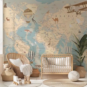Papier peint autocollant Cartes marines et cartes, hélicoptère, ballon pour enfants et animaux bleu bébé, auto-adhésif et amovible