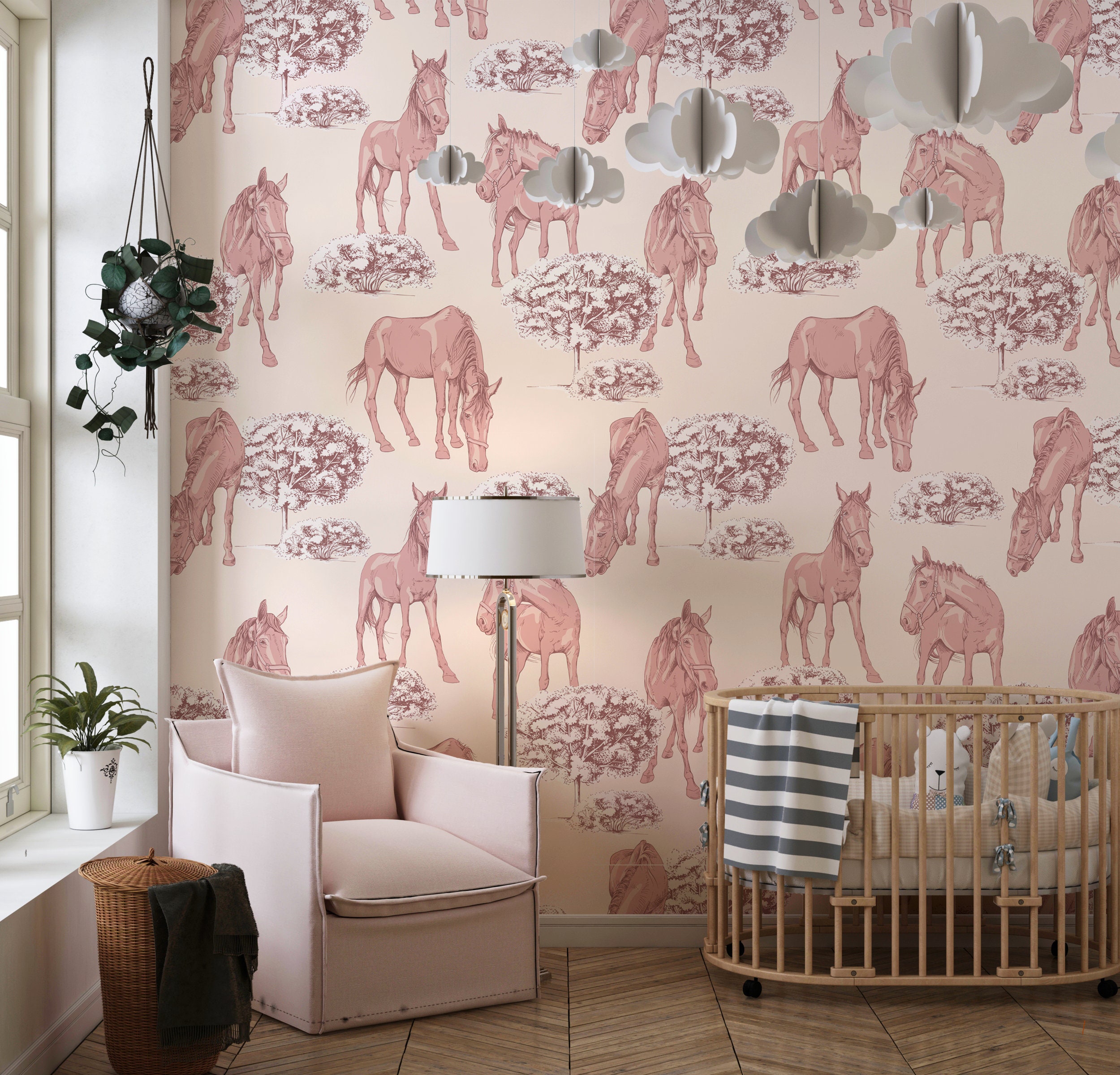 Pink Unicorn Nursery Girl Peel and Stick Wallpaper, Modern Cute Animal
