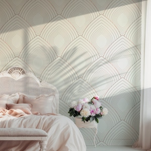 Carta da parati di lusso Art Déco Peel and Stick in bianco e oro metallizzato, design geometrico, camera da letto antica e vintage, soggiorno