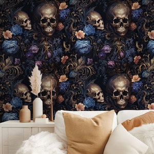 CARTA DA PARATI Teschio, Carta da parati botanica e fiori misteriosa, Decorazione murale Dark Academia Gothic e Rococco Blue Moody