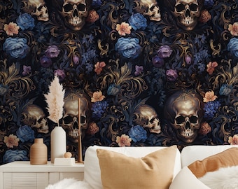 Skull Wallpaper: Botanical Rococo Peel and Stick Wall Decor