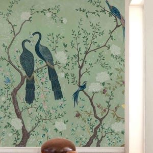 Chiniosierie Peacock Tropical Peel and Stick Wallpaper, Moderne Zweige und Vögel Floral Grün Wanddekor