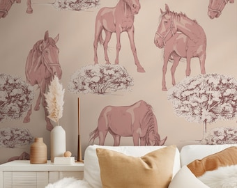 Pink Horse Nursery Wallpaper: Peel and Stick, Animal Print