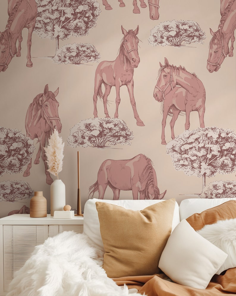 Pink Unicorn Nursery Girl Peel and Stick Wallpaper, Modern Cute Animal