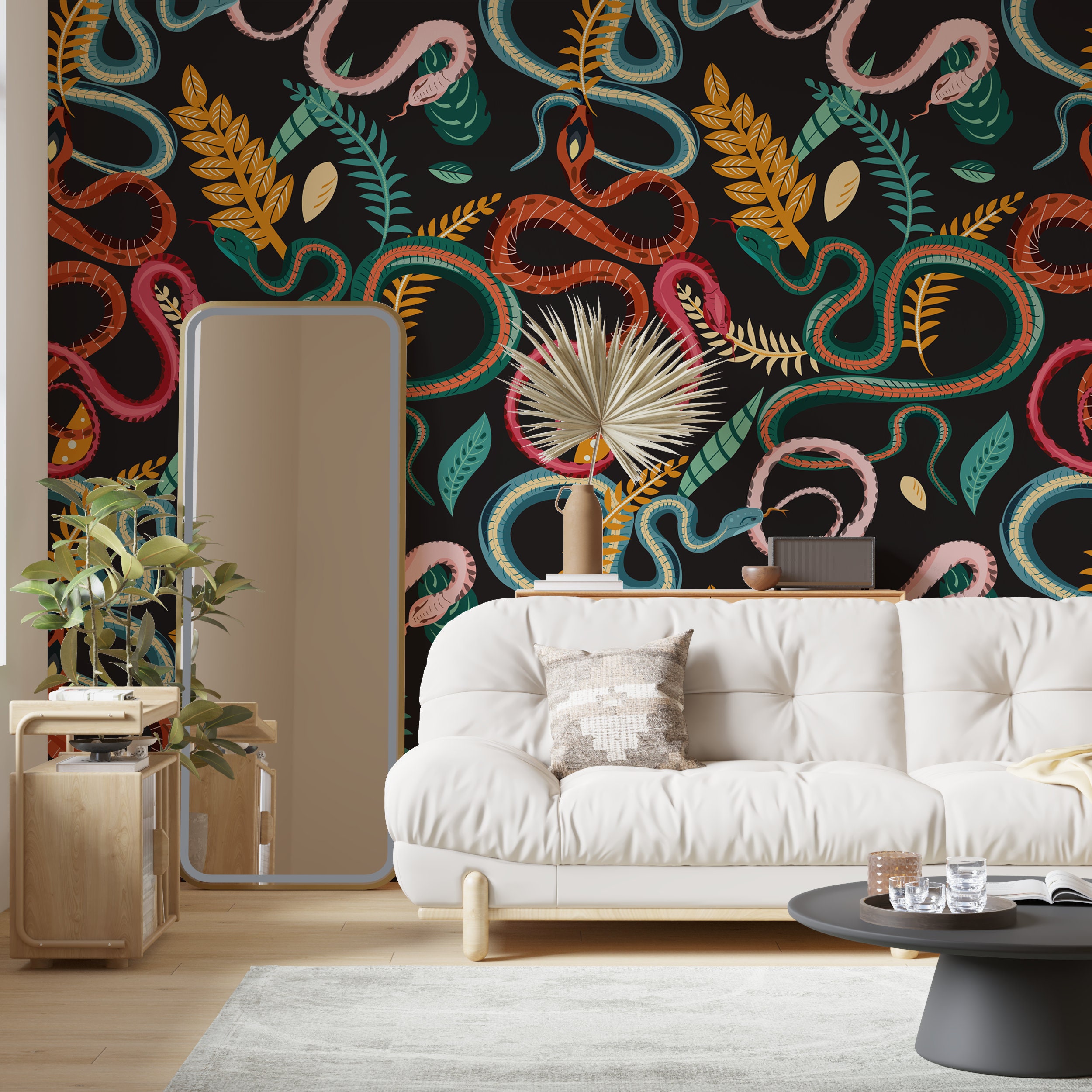 Contemporary Dark Background Colorful Snake Peel and Stick Wallpaper