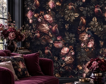 May include: A deep burgundy velvet sofa featuring matching floral patterned throw pillows, positioned against a dark wallpaper with a dense botanical print of pink peonies, green foliage, and small birds. A marble coffee table sits in the foreground.
