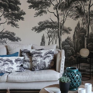 Papier peint noir blanc d'arbres tropicaux, décoration murale auto-adhésive forêt grise, salon forêt exotique
