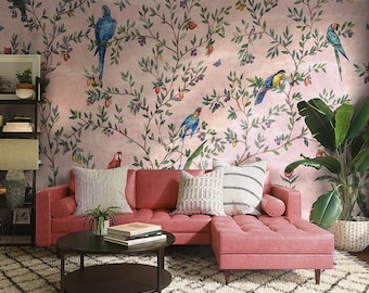 Soft Pink Chinoiserie Wallpaper, Birds and Branches Floral Peel and Stick Wall Decor