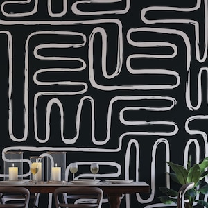 Carta da parati astratta moderna in bianco e nero, linee geometriche arrotondate stacca e incolla preincollate, carta da parati stacca e incolla per camera da letto