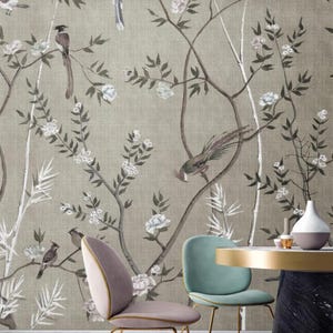 Beige Chinoiserie Wallpaper, Branches and Birds Floral Peel Stick Wall Decor