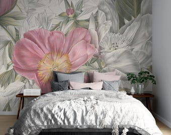Modern Pink Floral Wallpaper, Large Pale Leaves Botanical Rose Wall Decor