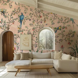 Soft Pink Chinoiserie Wallpaper, Birds and Branches Floral Peel and ...