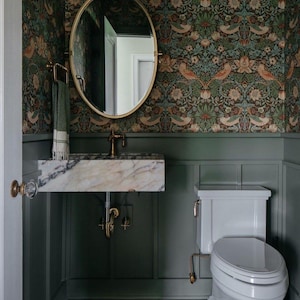 Modern William Morris Wallpaper, Navy Blue Birds and Floral Bathroom ...