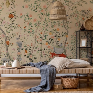 Beige Chinoiserie Wallpaper, Branches and Birds Floral Peel Stick Wall Decor