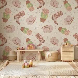Carta da parati Cowgirl Western Floral Cactus Boho Peel and Stick, Howdy Beige Woodland Rodeo e Nursery Children Carta da parati vintage neutra