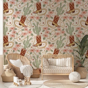 Carta da parati Cowgirl Western Floral Cactus Boho Peel and Stick, Howdy Beige Woodland Rodeo e Nursery Children Neutral Vintage Wallpaper