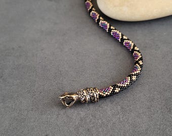 Purple Ouroboros Beaded Bracelet, Hand-Cast Bronze Snake Clasp, Japanese Seed Beads