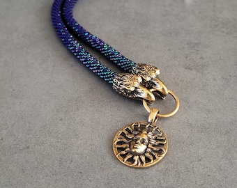Hand-Cast Bronze Crow Necklace, Japanese Czech Beads, Sun Pendant (18.5 inches)