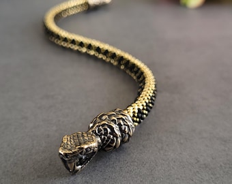 Ouroboros Bracelet, Beaded Snake, Brass Asp