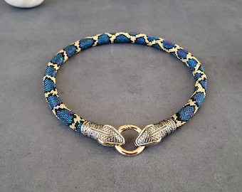 Beaded Snake Necklace: Blue Python with Brass Heads