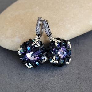 Beaded earrings, earrings, crystal earrings, beaded jewelry, dark blue earrings, sparkling jewelry, beaded accessories