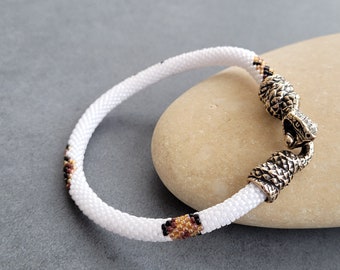Handmade Beaded Ouroboros Snake Bracelet, Bronze Head & Tail, Japanese Beads