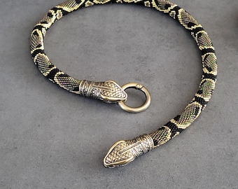Green Beaded Snake Necklace, Brass Python Heads