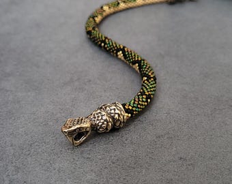 Ouroboros Bracelet, Beaded Snake, Brass Asp