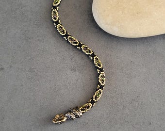 Green Snake Bracelet Ouroboros, Beaded Serpent Cuff with Brass, Pagan Occult Jewelry, Eternal Life Symbol Gift