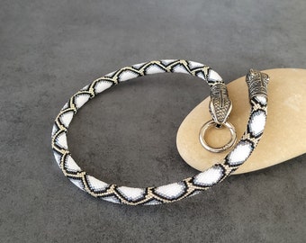 Beaded Snake Necklace, Japanese Beads, Nickel Silver Heads