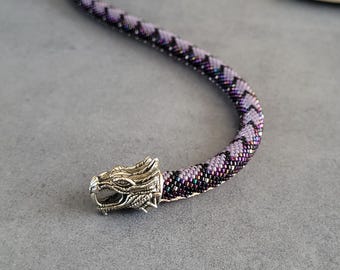 Beaded Dragon Necklace, Nickel Silver Dragon Heads, 16.5 inch