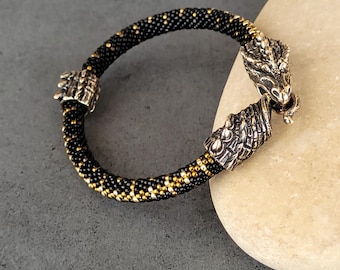 Beaded Bronze Dragon Bracelet: Japanese Beads, Hand-Cast Clasp