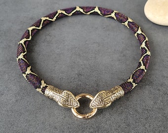 Purple Beaded Snake Necklace, Hand-Cast Brass Heads, Japanese Beads