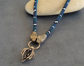 Beaded Snake Necklace with Dragon Pendant, Snake Necklace, Bronze pendant dragon, Sneklace, Beaded snake necklace