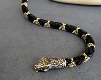 Beaded Snake Necklace, Brass Head, Japanese Beads